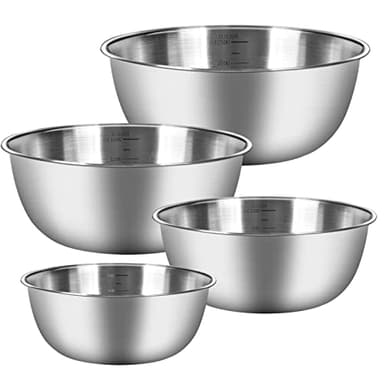 Chuner Lot de 4 Cul de Poule Inox, 4 Saladiers de tailles différentes (0.7 L, 1.2 L, 1.8 L, 2.5 L) Bol Inox Cuisine Bowl de Mélange, Empilables et Lavables au Lave-vaisselle