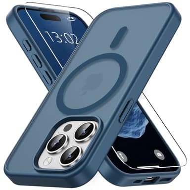 Vansdon Magnétique Coque pour iPhone 15 Pro Max avec 1 Verre Trempé, Compatible avec MagSafe, Protection Contre Les Chutes de qualité Militaire, Coque Mat Translucide Fine Antichoc-Bleu