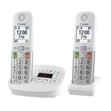 Panasonic KX-TGU432EXW Téléphone Numérique sans Fil avec Répondeur, Unité de Base et 2 Combinés, Écran LCD, Appels Favori, Lampe Torche, Compatible avec Les Appareils Auditifs, Blanc et Argent
