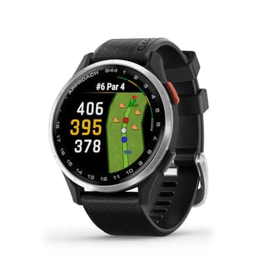 Garmin Approach® S44 Essential Golf GPS Smartwatch Écran AMOLED Fonctionnalités sur Le Terrain Lunette en Aluminium argenté avec Bracelet en Silicone Noir