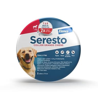 Seresto Collier Grands Chiens – 2 Protections anti puces et anti tiques pour grands chiens de plus de 8 kg – Collier Seresto pour chien 7 à 8 mois de protection, réduit le risque de leishmaniose –Gris