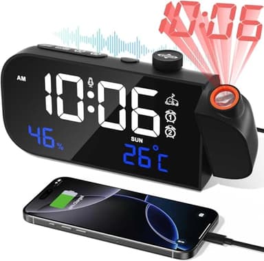 MOSUO Radio Reveil Projection Plafond, Digitale Reveil Matin Horloge Numérique,LED Réveil Numérique, avec Température/Humidité/Snooze/Activation Sonore,Luminosité Volume Réglables,pour Chambre Bureau