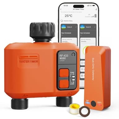 XinFuture Smart Programmateur Arrosage WiFi 2 Voies,300 Meters RF,Couverture WiFi supérieure, Minuteur Arrosage Automatique avec Contrôle APP,Minuterie D'irrigation Programmable et Arrosage à Distance