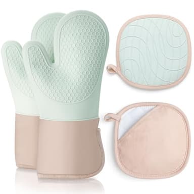 Romon Gants de Four, Lot de 4 Gants et Maniques de Cuisine Résistants à la Antidérapants, Anti Chaleur Jusqu'à 350°C, en Coton Doux, Longs et Flexibles en Silicone Épais pour Cuisine Pâtisserie, Vert