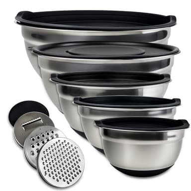 LUMITERRA Lot de 5 Cul de Poule Inox avec Couvercle, 1L, 1.5L, 2L, 3L, 4.5L, Bowl de Mélange avec 3 Râpes, Saladier Empilables, AntidéRapant, Résistant, Lavable au Lave Vaisselle, pour Cuisine