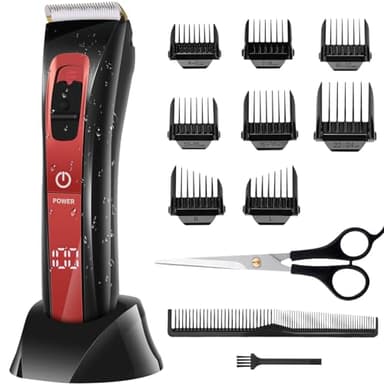 Tondeuse Cheveux Hommes Professionnelle, Tondeuse à Cheveux Électrique sans Fil, Lame en Céramique et Titane, 8 Sabots Inclus, 4 Réglages de Précision, Écran LCD, Convient pour Cheveux, Barbe, Corps
