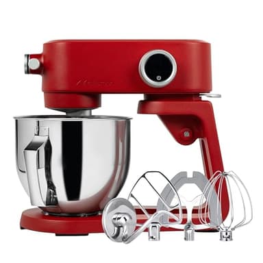 Kraftsman Robot Pâtissier, 5 L Robot de Cuisine Tout en Métal avec Port d’Alimentation Universel et Fonction Minuterie, Pétrin Professionnel à 8 Vitesses avec Batteur, Crochet, Fouet (Rouge)