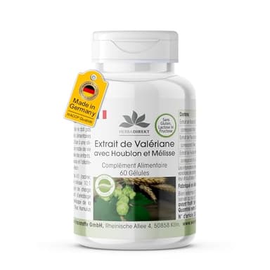 Complexe à base de valériane, houblon et mélisse - 60 gélules - faciles à avaler - végétaliennes - hautement dosées | HERBADIREKT by Warnke Vitalstoffe - Qualité pharmaceutique allemande