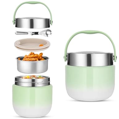 Récipient isotherme pour aliments 1200ML,Boîte à lunch avec couvercle,Récipient de maintien au chaud en acier inoxydable avec cuillère pliable,pour le stockage de farine,soupe,déjeuner,fromage (Vert)