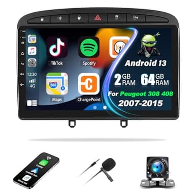 【2+64G】 Android 13 Autoradio pour Peugeot 308/408 2007-2013, Wireless Carplay/Android Auto 9" IPS Touch Screen Car Stereo with Bluetooth/GPS/FM RDS EQ+AHD Backup Camera+MIC