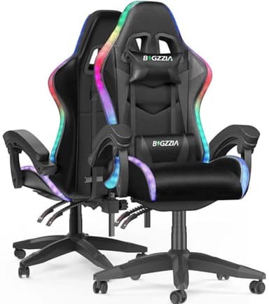 bigzzia Ergonomique Chaise Gaming avec éclairage LED Effets, Dossier Hauteur Réglable, Fauteuil Gaming LED avec Lombaire&Appui-Tête Appui, Chaise de Bureau Adultes Enfants (avec LED Effets, Noir)