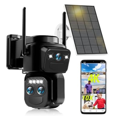 4K Caméra Surveillance WiFi Extérieure à triple objectif,360° PTZ Caméra,8MP Détection Humaine avec Panneau Solaire,Suivi Automatique,Vision Nocturne Couleur,Étanche,Audio Bidirectionnel,10X Zoom