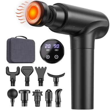Pistolet de Massage Musculaire avec Chaleur, 20 Vitesses et 10 Têtes, Appareil de Massage à Percussion avec Écran Tactile LED, Silencieux avec Sac de Transport, Idéal pour le Massage Profond, Cadeau