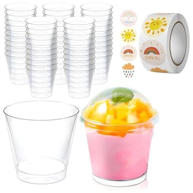 Euleryoo 50 Gobelets à dessert transparents en plastique avec couvercle, 210ml (7oz) – Accessoires de fête pour mousse, pudding et glace – Incl. rouleau d’autocollants