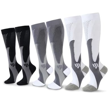 SRunDe 3 Paires Chaussettes de Compression Course 40-46 15-25mmHg Bas de Contention Voyage Avion Compression Socks pour Hommes et Femmes Soutien Quotidien Récupération Course à Pied Sport Travail
