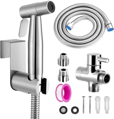 Hausharbor Douchette Toilette, WC Kit Complet,Kit WC, Pulvérisateur Pour l'hygiène Personnelle Quotidienne, Pomme de Douche Toilette avec Tuyau, Adaptateurs G1/2' et G3/8', Argent