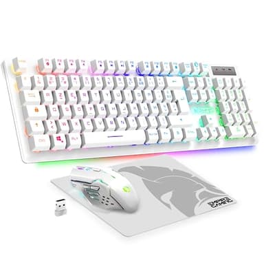Empire Gaming Armor RF800 Pack Clavier Souris Gaming Rechargeable sans Fil AZERTY (Français-Layout) RGB avec Tapis de Souris -Clavier 2.4G -Souris 4800 DPI -PC Playstation Xbox One/Series Mac - Blanc