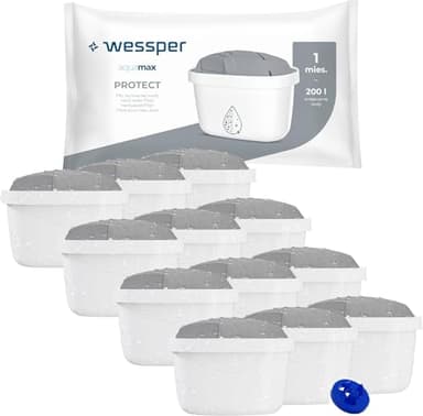 Wessper Filtre à eau pour Carafe Filtrante, Cartouches filtrantes réduisent l'eau très dure, Filtres compatible avec les filtres Brita Maxtra+, Maxtra Plus (12 pièces), Blanc/Gris