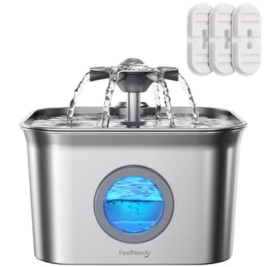 2,8L Fontaine a Eau Chat INOX avec 3 Filtres, FEELNEEDY Fontaine à Eau pour Chat, Système de Quadruple Filtration, Facile à Mettoyer, Ultra Silencieux, Compatible Lave-Vaisselle