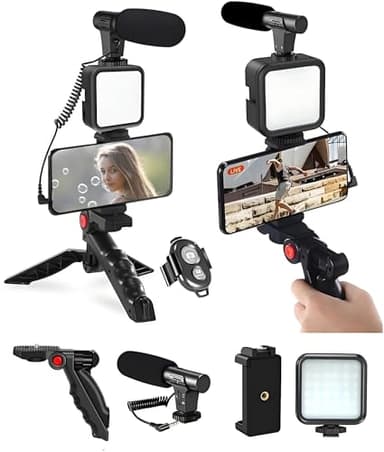 Kit Vidéo Smartphone Professionnel, Kit Vlog Téléphone, Comprend Lumière LED, Microphone, Téléphone Support et Trépied - Compatible iPhone, Android, Youtube, TikTok, Vlog, Live Streaming