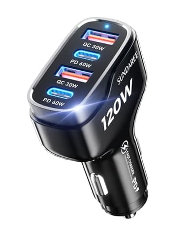 SUNDAREE Chargeur Voiture USB C,120W Multi 4 Port 12V 24V Type C PD QC Charge Rapide Automobile Prise Téléphone Allume Cigare Adaptateur pour Samsung S25 A56/Redmi Note 14/iPhone 17/Galaxy Tab/Macbook