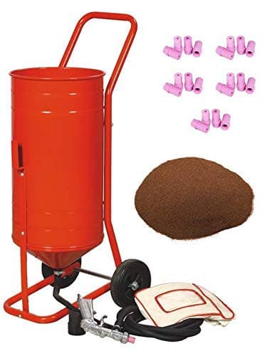 Sableuse Aérogommeuse mobile sur Roulettes 56,70L 90lb 41kg + 20 Buses + Sac 20kgs d'Abrasif Garnet Mesh 120A+