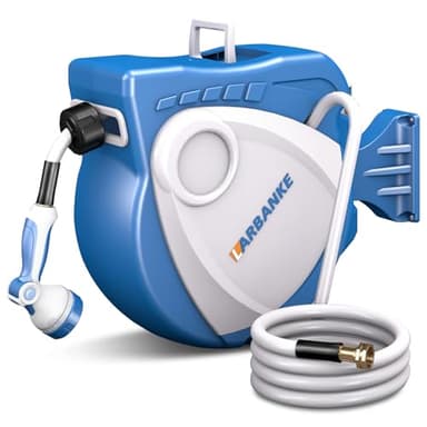 Larbanke Enrouleur Tuyau Arrosage Mural, 30 m,Dévidoir de Tuyaux d'Eau avec Support Pivotant 180°,avec trous de drainage au fond, Buse à 10 Modes, Verrouillable, Rembobinage Automatique