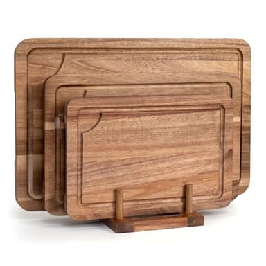 WILLKOMMEN Lot de 3 planches à découper en bois pour cuisine avec rainure pour jus, planches à découper (37x25-30x20-25x17cm) et bloc de boucher pour viande, légumes et fromage