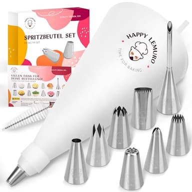 Happy Lemuro Kit Poche à Douille 11 Pièces avec Poche Pâtissière en Coton 40 cm et Douilles Inox, Lavable et Réutilisable | Pour Gâteaux et Cupcakes
