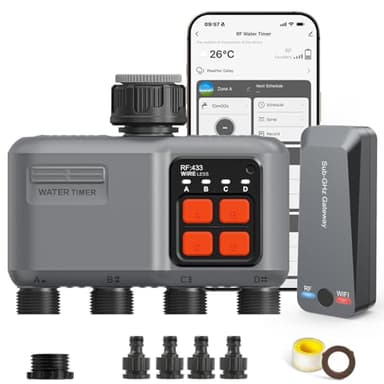 johgee Programmateur Arrosage WiFi 4 Voies avec Passerelle Technologie RF 300M, Minuteur Arrosage Automatique avec Alexa et Google, Minuterie D'irrigation Programmable et Arrosage à Distance