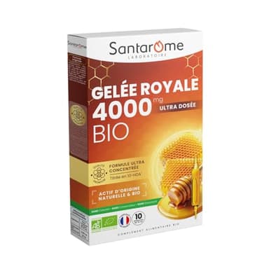 Santarome - Gelée Royale 4000mg Bio - Complément alimentaire immunité - Fortement dosé en Gelée Royale Bio 4000mg - 10 ampoules - Made In France