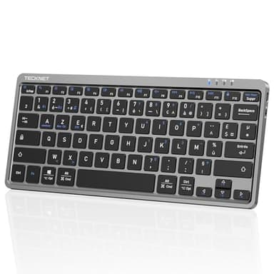 TECKNET Clavier sans Fil Bluetooth pour 3 Appareils (BT5.1/5.1+2.4GHz), France AZERTY Mini Clavier Rechargeable, 18 Raccourcis Multimédias, Clavier Silencieux pour iPad, Windows, iOS, Android