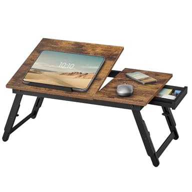 SONGMICS Table de Lit, pour Ordinateur Portable Jusqu’à 15,6 Pouces, Angle et Hauteur Réglables, Pliable, avec Tiroir, pour Travailler, Lire, Petit-Déjeuner, Pieds en Bambou, Marron Rustique LLD105B01