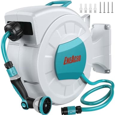 ENEACRO Dévidoir Enrouleur Automatique 30 m - Enrouleur De Tuyau pour Montage Mural avec Pistolet à eau 10 fonctions - Pivotant à 180°