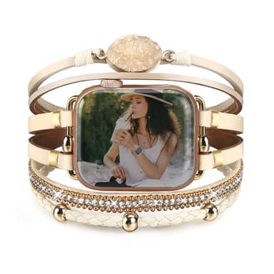 CHARMINGO Bracelet de montre fait main en cuir et perles multi-rangs, style bohème, compatible avec Apple Watch Series 10/9/8/7/6/SE Ultra 2/5/4/3/2/1, 38 mm/40 mm/41 mm, pour femme, beige