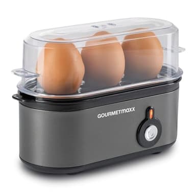 GOURMETmaxx Cuiseur à œufs pour 3 œufs | Cuiseur à œufs avec pique-œuf dans le gobelet doseur | Avec 3 degrés de cuisson pour votre coquetier | Design petit format – pièces lavables au lave-vaisselle
