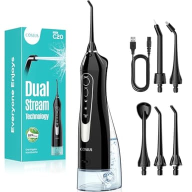 COSLUS C20 Jet Dentaire Hydropulseur Portable 300 ML Sans Fil Irrigateur Dentaire Hydropulseur Dentaire Double Débit d'eau Water Oral Flosser Étanche IPX7 Pour La Maison et Les Voyages Noir