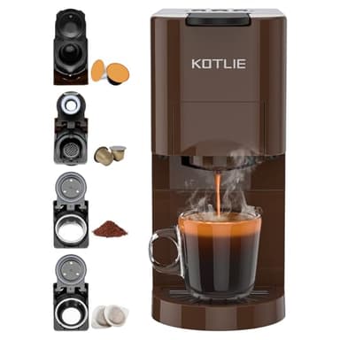 KOTLIE AC-513K 4 en 1 Multifonctionnel Machine à Café à Capsules, pour NES/DG/Café en Poudre/ESE Pod(44mm),19Bar, 0.8L réservoir de stockage d'eau(Brun)