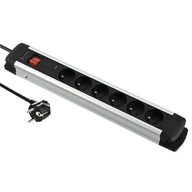 Electraline 35436 Alu-Line Bloc Multiprise 6 Prises avec Corps en Aluminium et Protection Contre Les surtensions, 2M, Noir