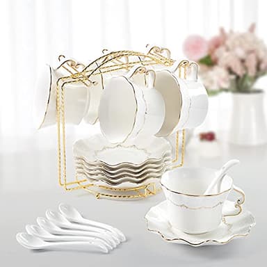 DUJUST Ensemble de 6 tasses à thé et soucoupes (200 ml), tasse à thé de luxe avec bordure dorée, tasses à café à impression en relief, ensemble de thé en porcelaine royale britannique - blanc