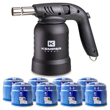 KEMPER - Lampe à souder à gaz Professionnelle Utilisation 360° Chalumeau gaz Allumage piezo + 8 Cartouches gaz Perçables