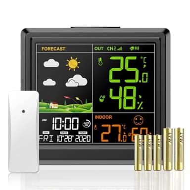 Station Météo Interieur Exterieur Sans Fil, 3 Niveaux Luminosité, Thermometre Hygrometre Avec Date Heure, Réveil, Prévision Météorologique, Avec Ecran LCD Couleur Rétro-Éclairé