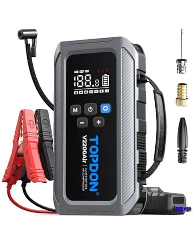 TOPDON V2200Air Booster Batterie Voiture 2200A, 150PSI Gonfleur Pneus, Batterie Démarrage Moto Puissant (Jusqu'à 8L Gaz ou 6L Diesel) avec câbles de démarrage, écran LCD, 4 LED Mode