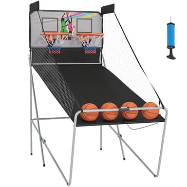HOMCOM Jeu de Basketball Arcade Pliable à 2 Panier 4 balles Pompe de gonflage, Panier de Basketball avec système de pointage, 4 Bouton Fonctionnement et 8 Modes de Jeux, 205x110x205cm, Noir et Blanc