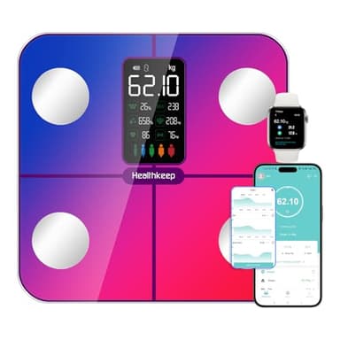 Healthkeep Balance Pèse Personne Balance Connectée Impédancemètre avec Affichage VA 15 Données Corporelles et Fréquence Cardiaque pour APP Andriod et iOS Max. 180kg/400lb, Multicolore
