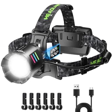 LEKIA Lampe Frontale Ultra Puissante 100000LM, USB C Rechargeable 3 Modes avec Détecteur de Mouvement, Batterie Longue Durée 9000mAh, Zoomable Angle Réglable de 90° Lampe Frontale pour Camping