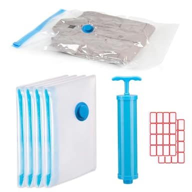 Sacs de Rangement Sous Vide, Sacs Compression,40 * 60cm Sacs de Compression Réutilisables, Sac de Voyage Sous Vide, Sacs Sous Vide pour Vêtements, Pompe Sous Vide, Étiquettes Autocollantes, 4 Pièces