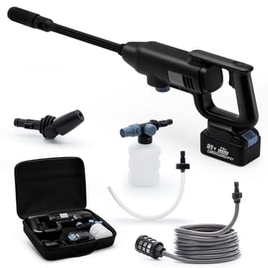 Kalopsia Nettoyeur Haute Pression sans Fil: 75Bar 21V 4Ah Batterie Pistolet à Eau Portable avec Tuyau 5m Buses Réglables 3 Niveaux Idéal pour Voiture Terrasse Balcon Jardin Façade Vitres Maison