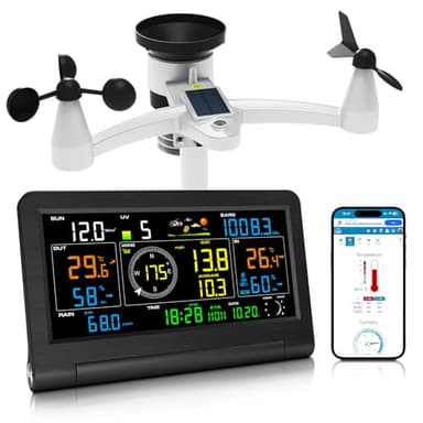 Urageuxy Station Meteo Connectée WiFi, 14-en-1 Station Meteo Sans Fil Avec Pluviometre, Baromètres, Anémomètre/Girouette, UV, Prévision Météo, Température et Humidité - Précision Professionnelle