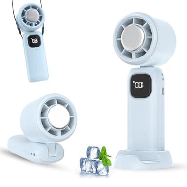 Ventilateur portable, rechargeable par USB, à batterie, effet réfrigération à neige, 5 vitesses réglables, pliable, mini ventilateur avec base pour maison, bureau, maquillage, voyage en plein air
